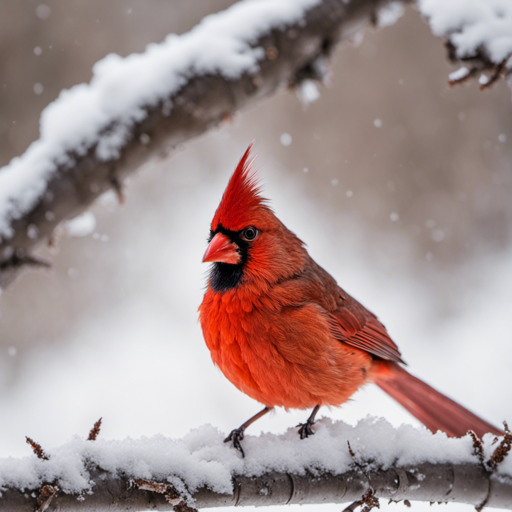 An image capturing the vibrant beauty of a male Northern Cardinal perched on a snow-covered branch, its fiery red plumage contrasting against the white background, showcasing the iconic bird of Missouri