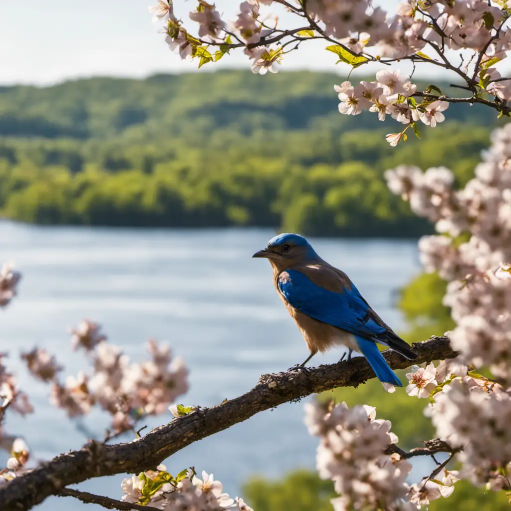 An image showcasing Missouri's vibrant birdlife: a vivid blue Eastern Bluebird perched on a flowering dogwood tree, while a majestic Bald Eagle soars overhead against a backdrop of rolling green hills and a tranquil river