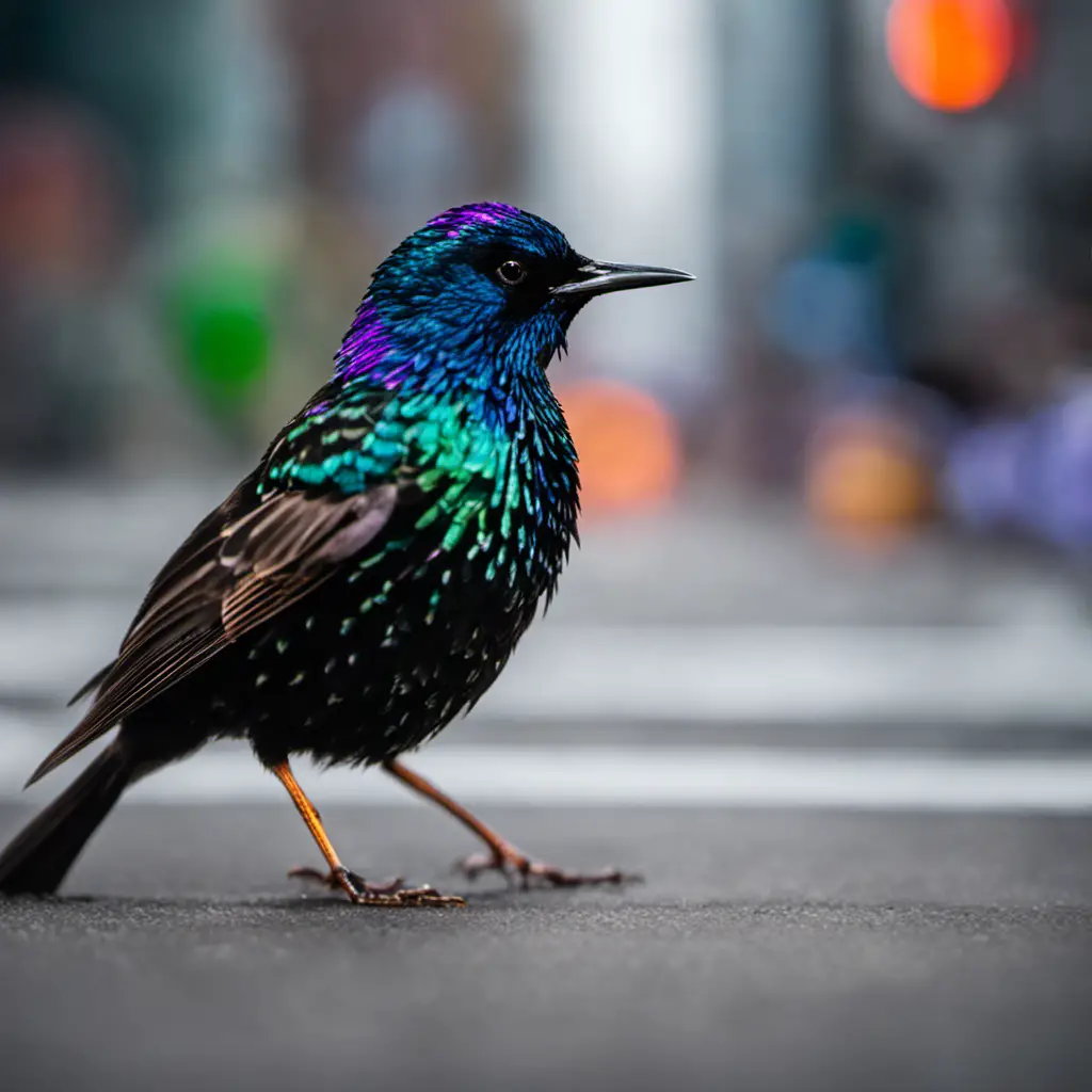An image capturing the vibrant plumage of the European Starling amidst a bustling cityscape, showcasing its glossy black feathers that shimmer with iridescent purples and greens, perfectly blending with the dynamic urban environment of New York