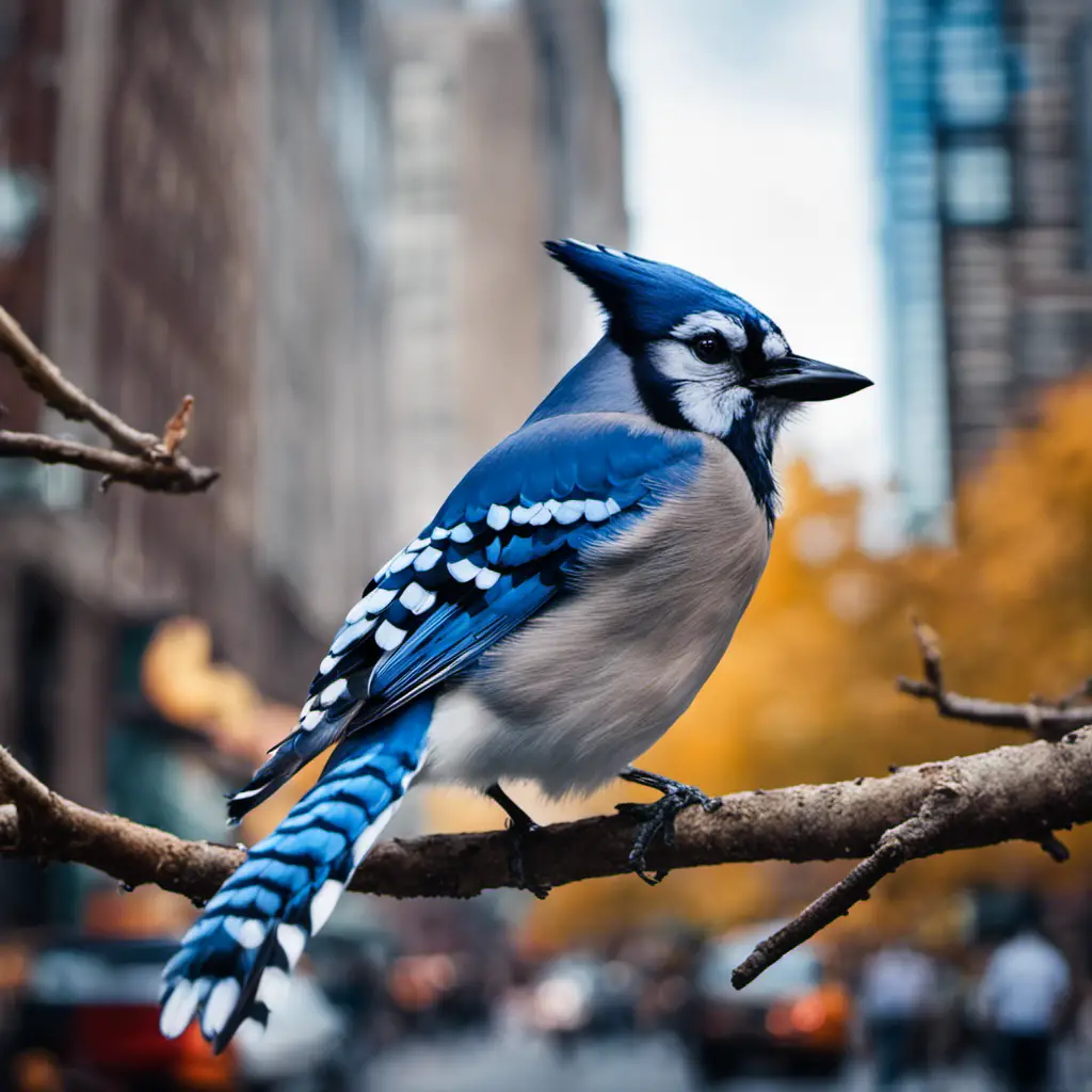 An image capturing the vibrant spirit of a Blue Jay in New York City: a striking blue feathery body with a crest, perched on a branch amidst a bustling urban backdrop