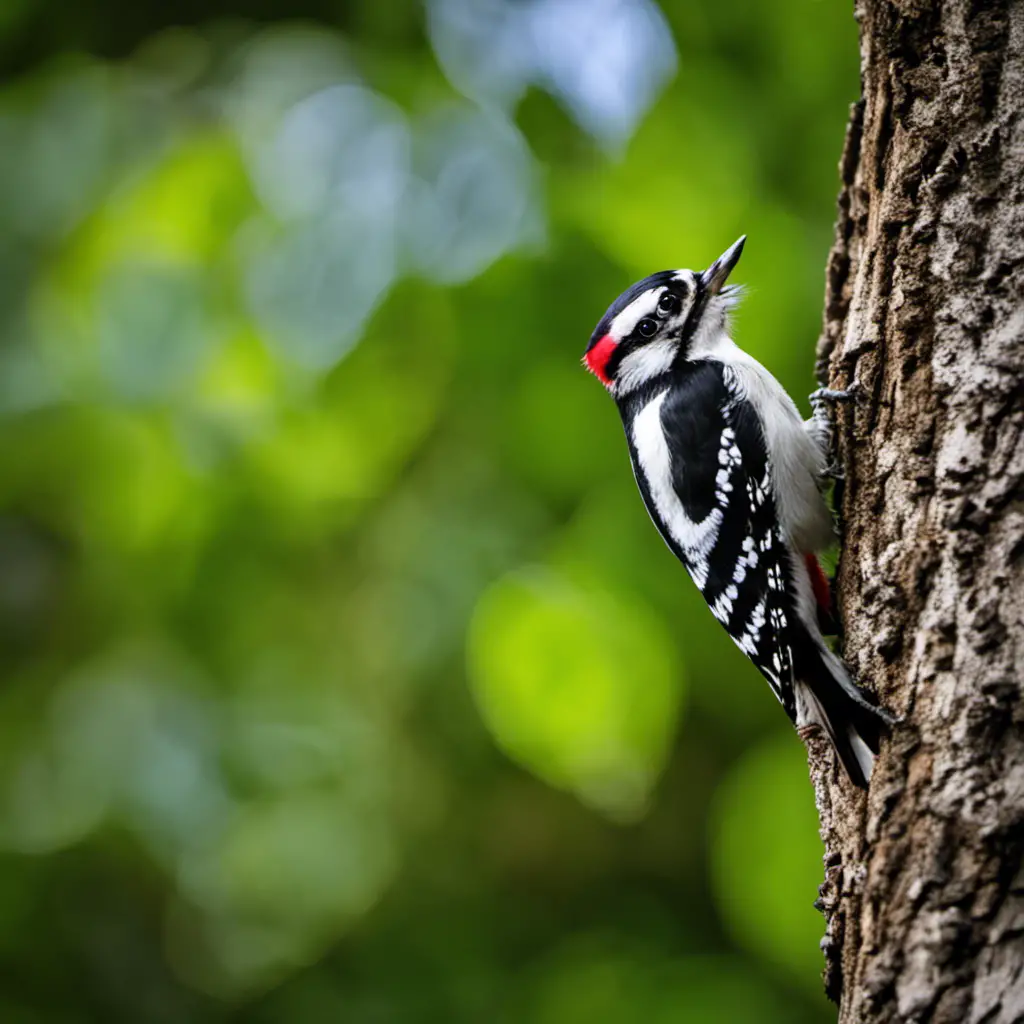 An image of a Downy Woodpecker in the heart of New York City, perched upon a tall tree trunk, its black and white plumage contrasting against the vibrant green leaves, as it delicately taps its beak against the bark