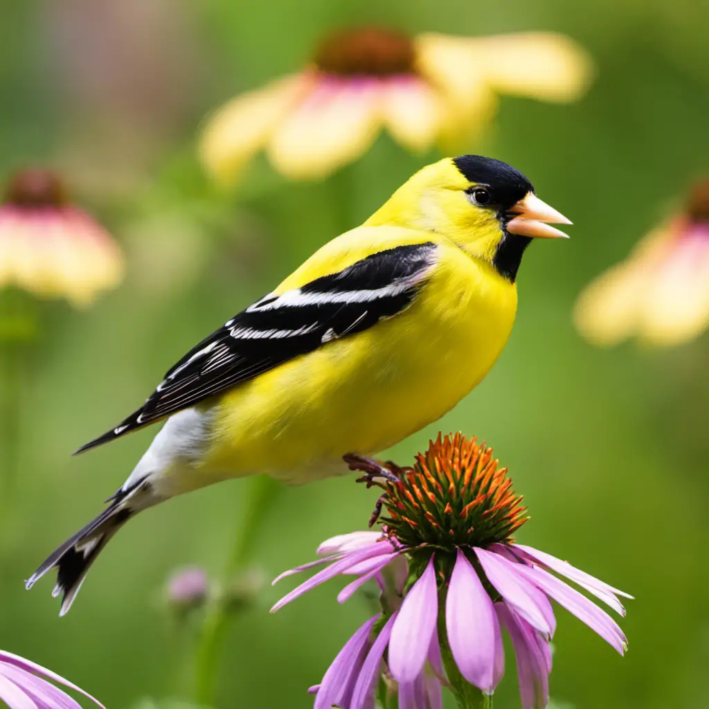 An image showcasing the vibrant splendor of an American Goldfinch perched on a blooming purple coneflower, its bright yellow plumage contrasting against the green foliage, embodying the essence of Pennsylvania's birdlife