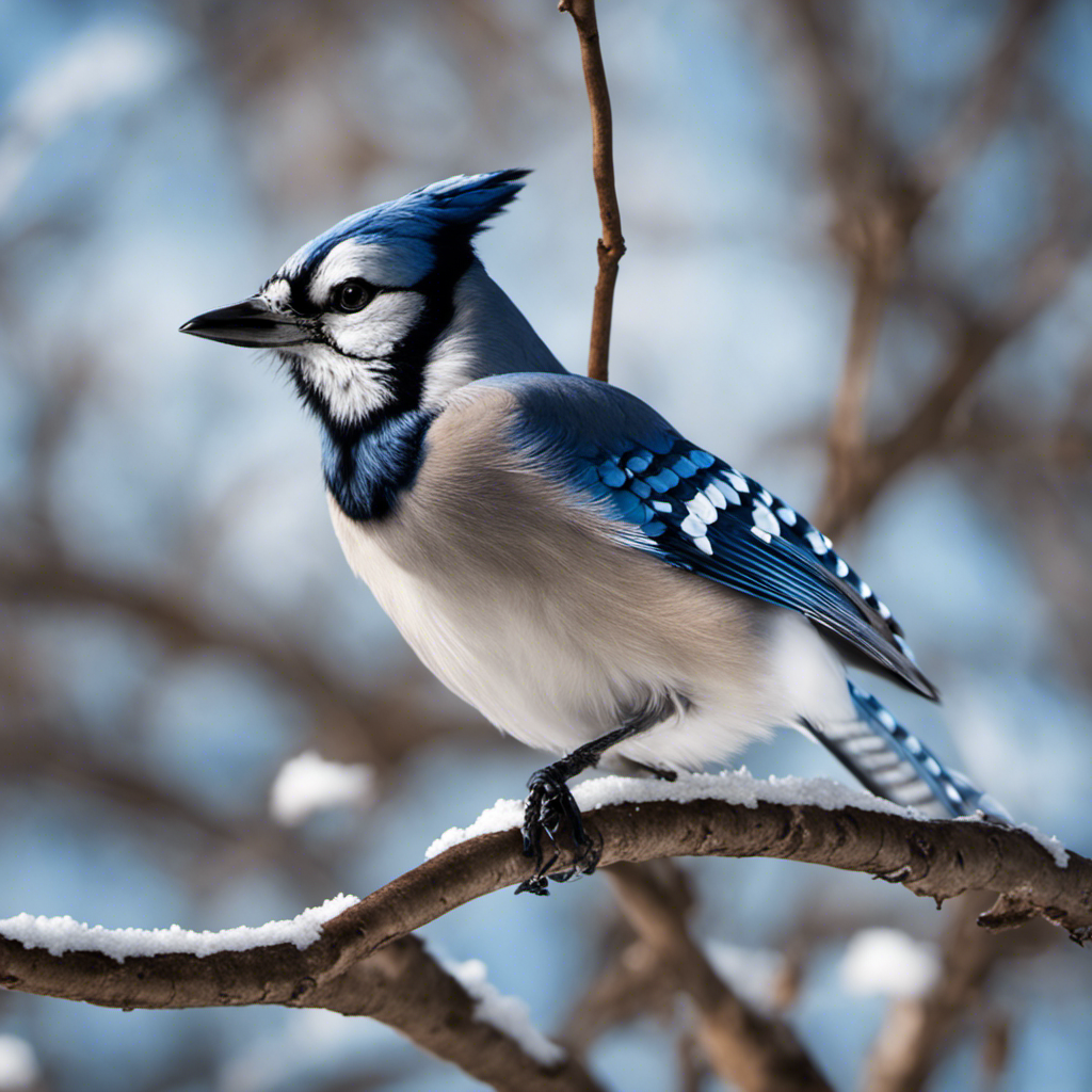 An image capturing a vibrant Blue Jay perched on a leafless branch, its striking azure plumage contrasting against the winter sky, while its intelligent eyes keenly observe the surroundings
