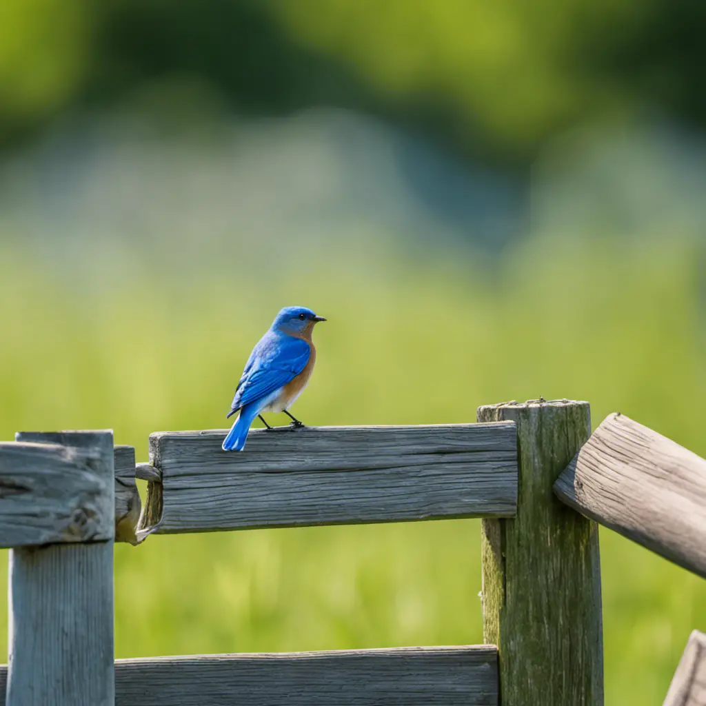 An image depicting a vibrant Eastern Bluebird perched on a wooden fence, showcasing its azure-blue plumage contrasting against the lush greenery of a Pennsylvania meadow under a clear blue sky