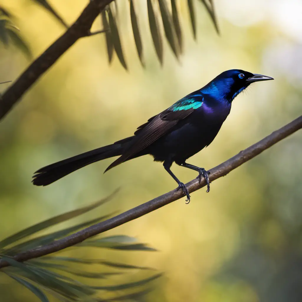 An image showcasing the glossy, iridescent plumage of the Common Grackle, perched on a branch, its long tail gracefully arched