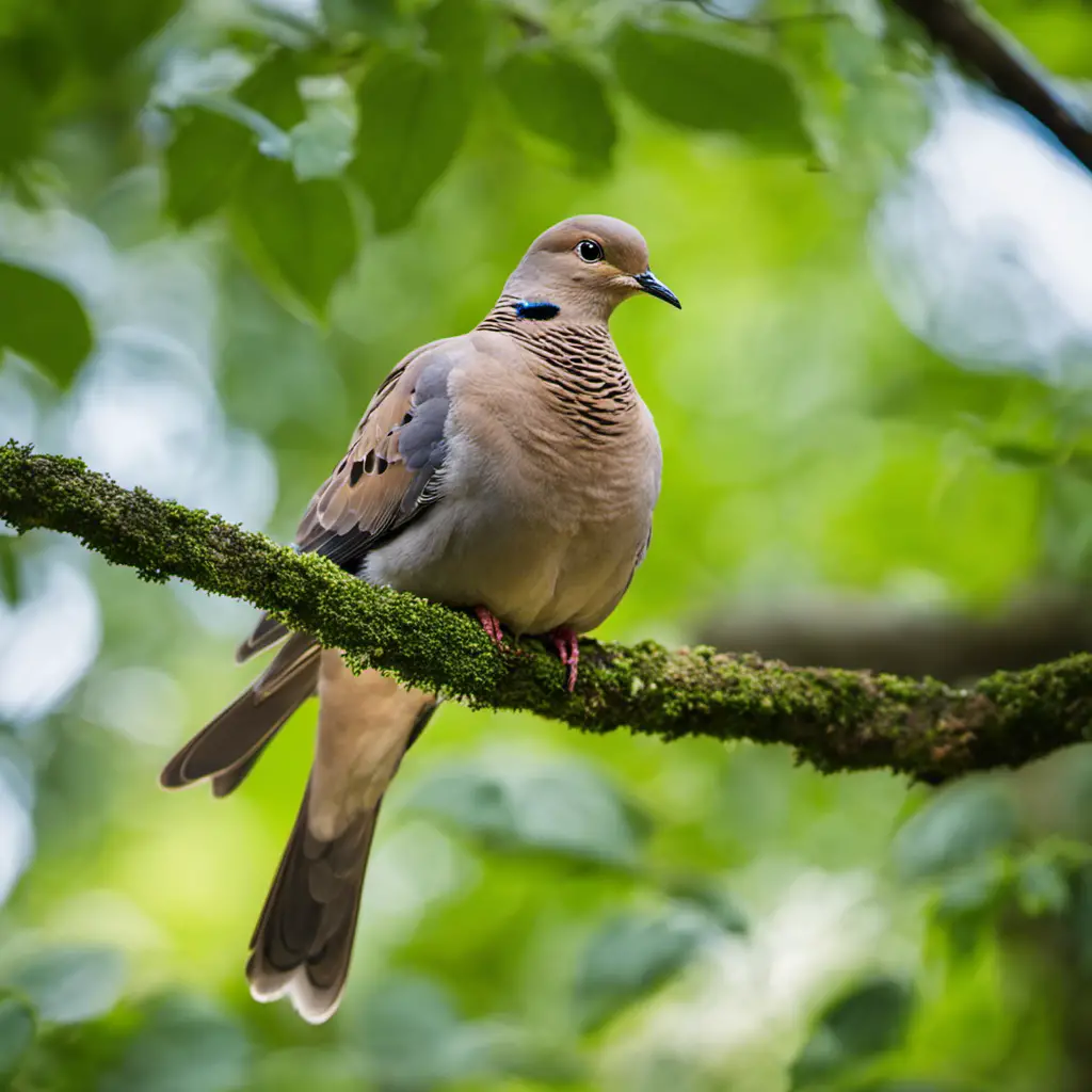 An image capturing the delicate nature of a Mourning Dove perched on a tree branch, showcasing its soft, gray plumage, slender body, and graceful presence amidst the lush greenery of Pennsylvania's woodlands