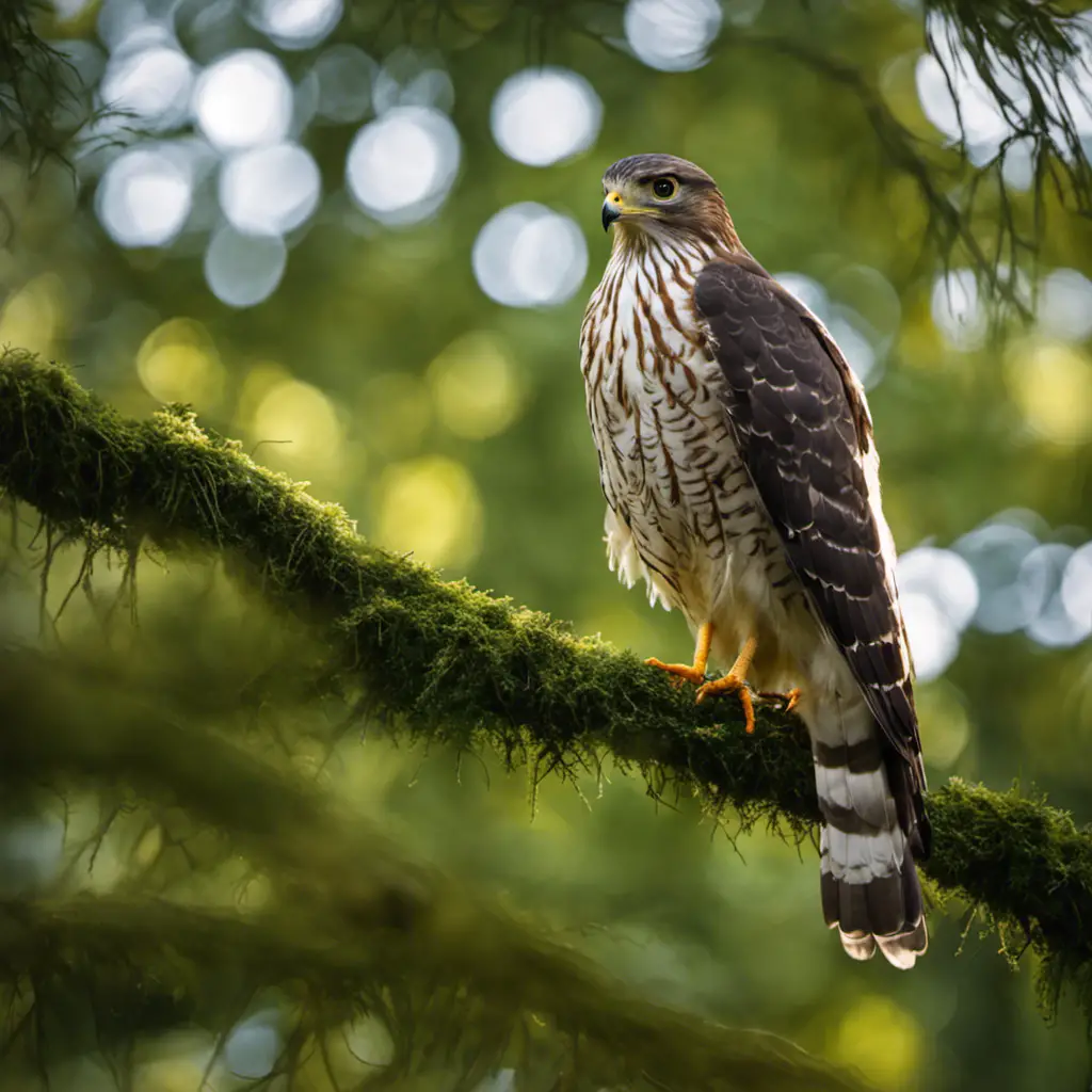 An image capturing the intense gaze of a majestic Cooper's Hawk, perched on a moss-covered branch amidst the lush foliage of an Illinois forest, the sunlight illuminating its intricate feather patterns