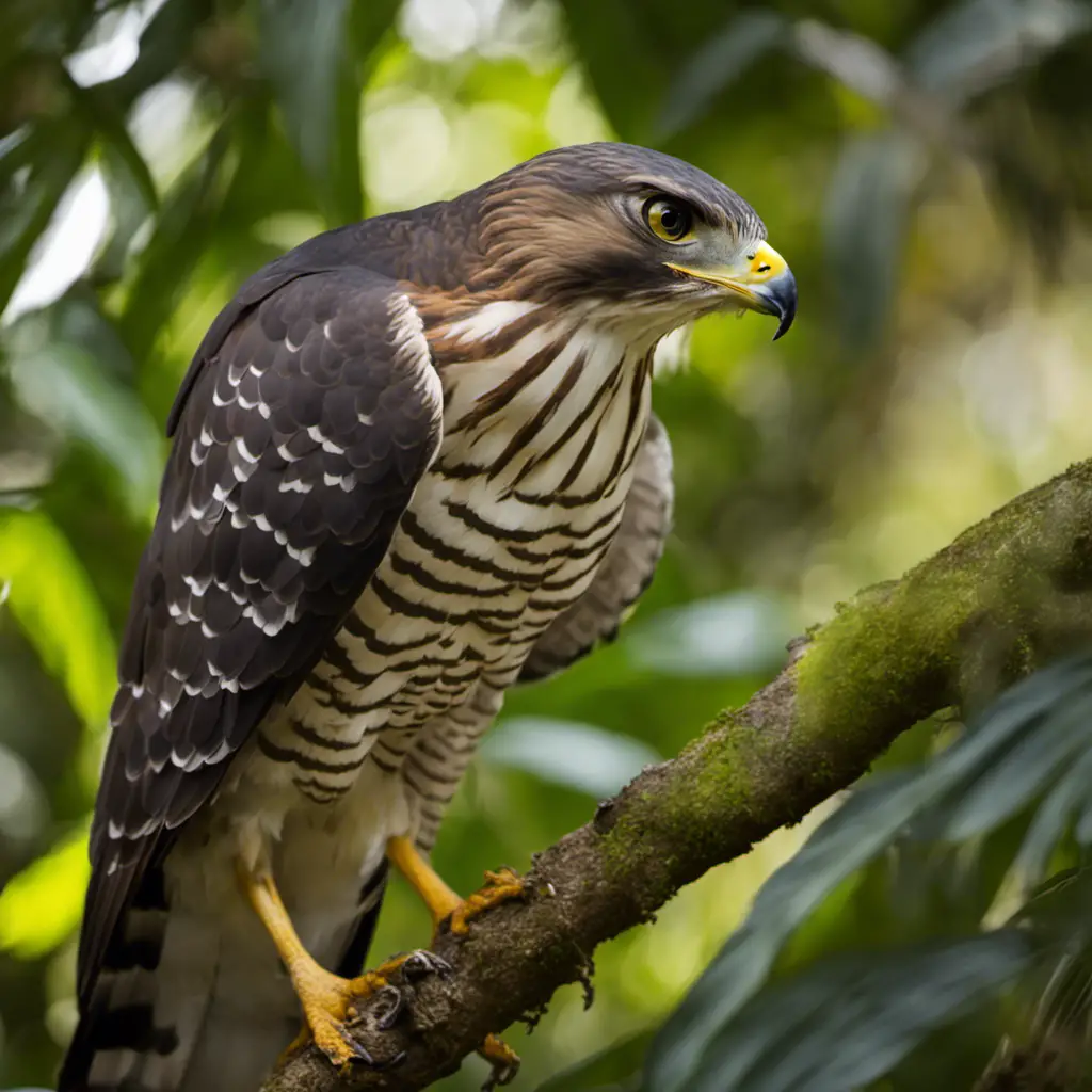 An image capturing the fierce elegance of a Cooper's Hawk in Florida, showcasing its sharp, curved beak, piercing yellow eyes, slate-gray back, and strikingly barred underparts as it soars through a lush, sunlit forest
