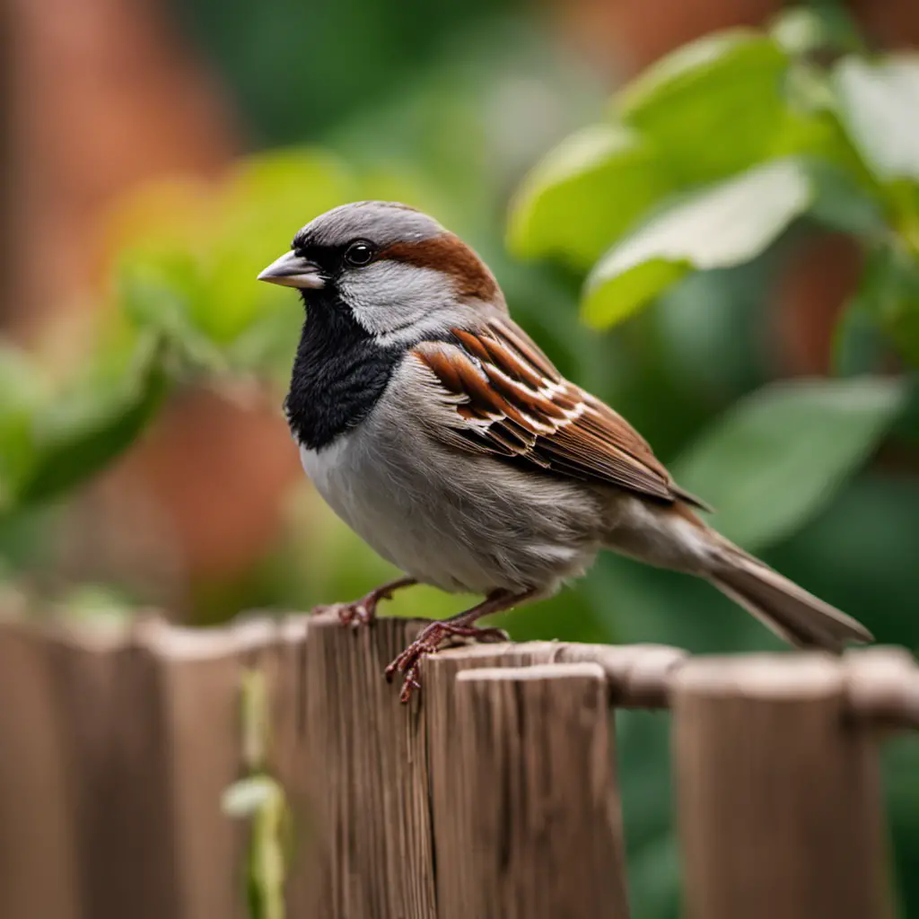 An image capturing a House Sparrow perched on a wooden fence, showcasing its vibrant chestnut back, black bib, and gray crown