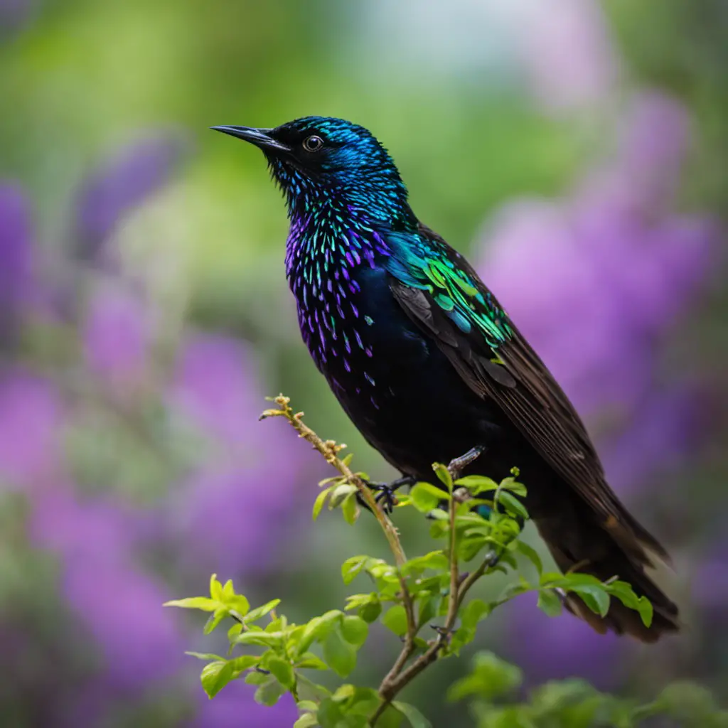 An image capturing the vibrant iridescence of the European Starling's plumage, showcasing its glossy black feathers with speckles of white and iridescent purples and greens, against a backdrop of Virginia's lush greenery