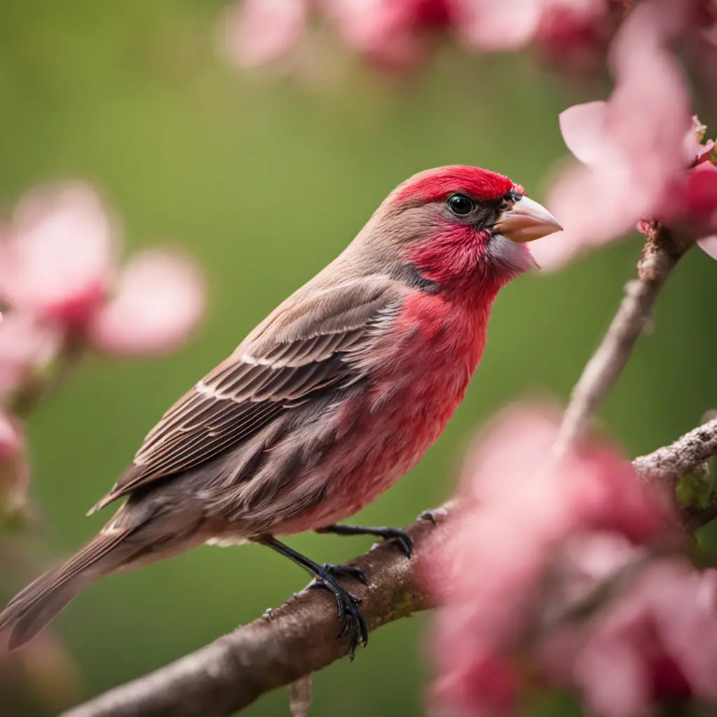 An image capturing the vibrant beauty of a House Finch perched on a blooming dogwood branch, its crimson plumage contrasting against the soft pink flowers, against a backdrop of lush green foliage