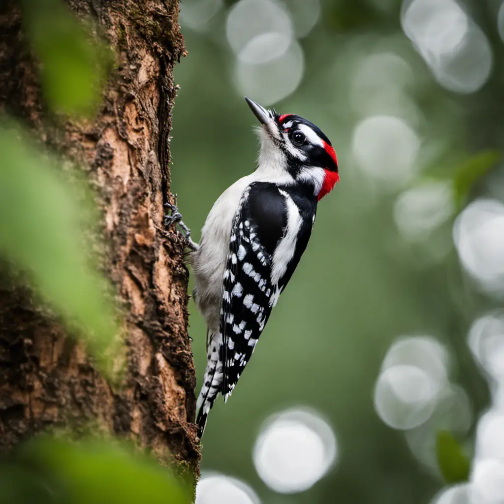 An image showcasing the elegant Downy Woodpecker perched on a tree trunk in a lush Virginia forest