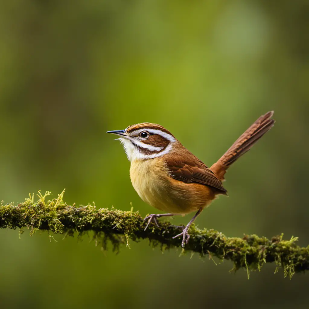 An image showcasing the vibrant Carolina Wren, perched on a moss-covered branch amidst a lush Virginia forest