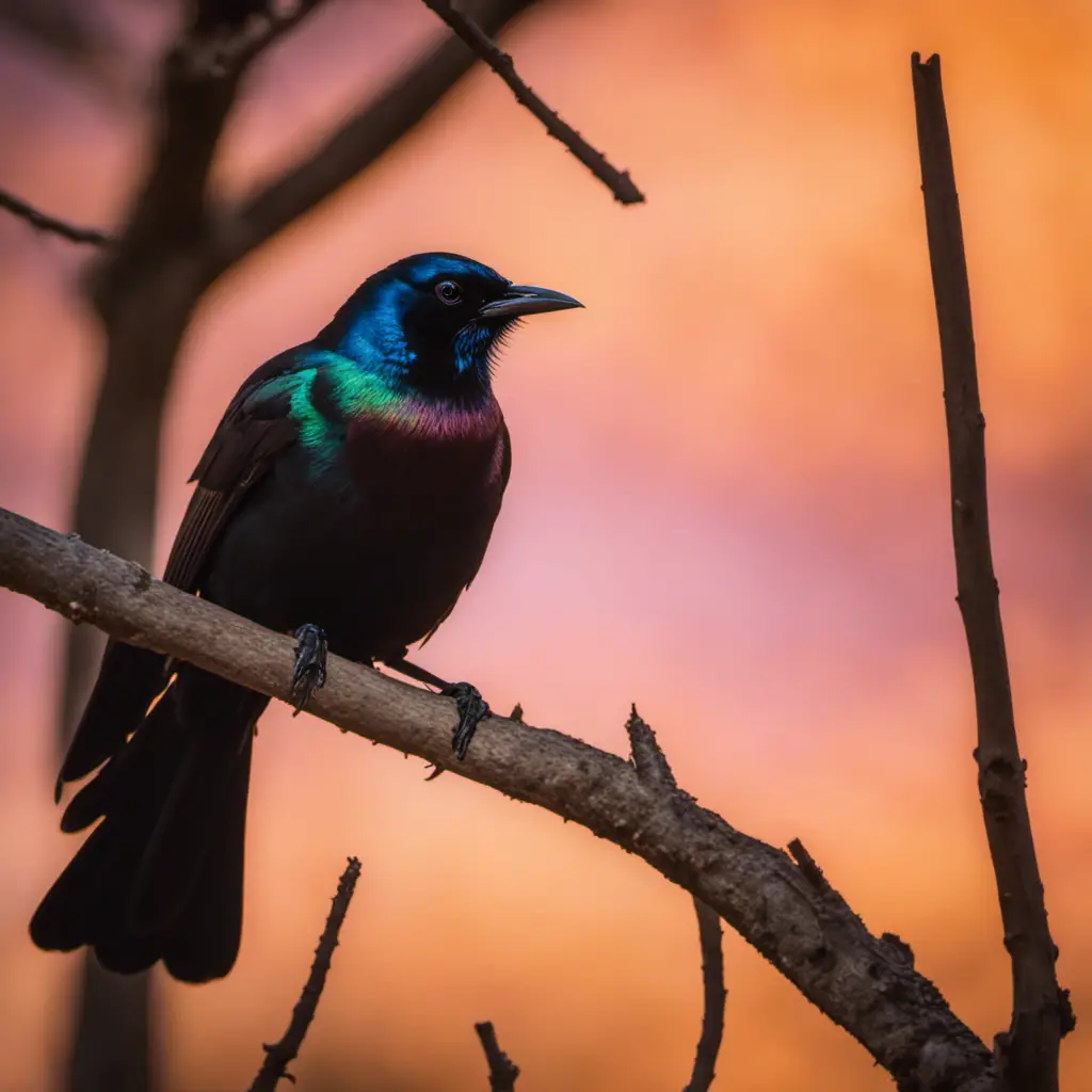An image capturing the mesmerizing iridescence of a Common Grackle perched on a tree branch against a vibrant Virginia sunset, displaying its glossy black plumage juxtaposed against the warm hues of the sky