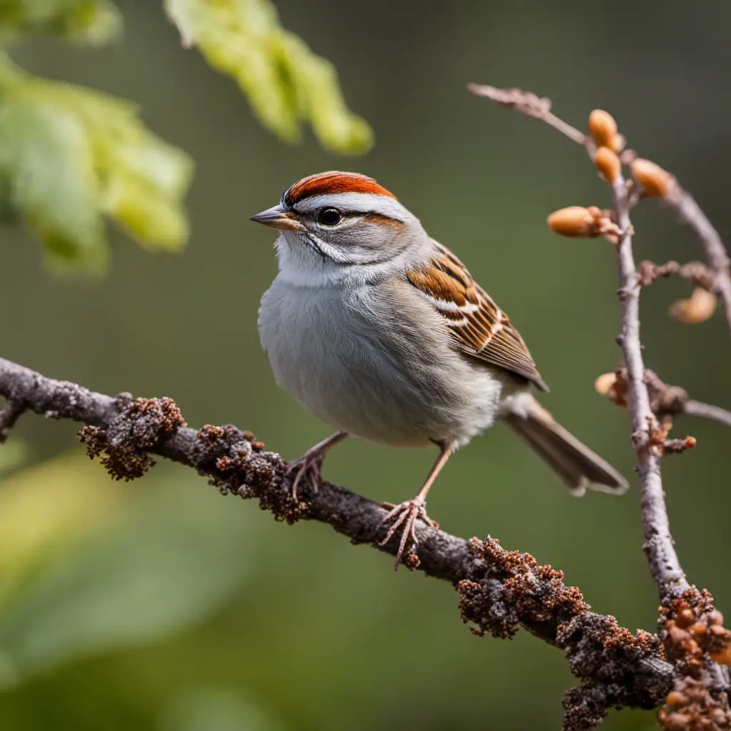 An image capturing the vibrant essence of a Chipping Sparrow, perched on a leafy branch, its rusty cap contrasting with a soft gray back, while delicately nibbling on a seed