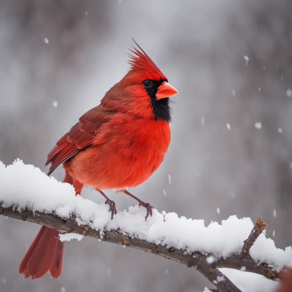 An image capturing the vibrant plumage of a male Northern Cardinal perched on a snow-covered branch, its fiery red feathers contrasting against the winter scenery, to celebrate the beauty of Virginia's birdlife