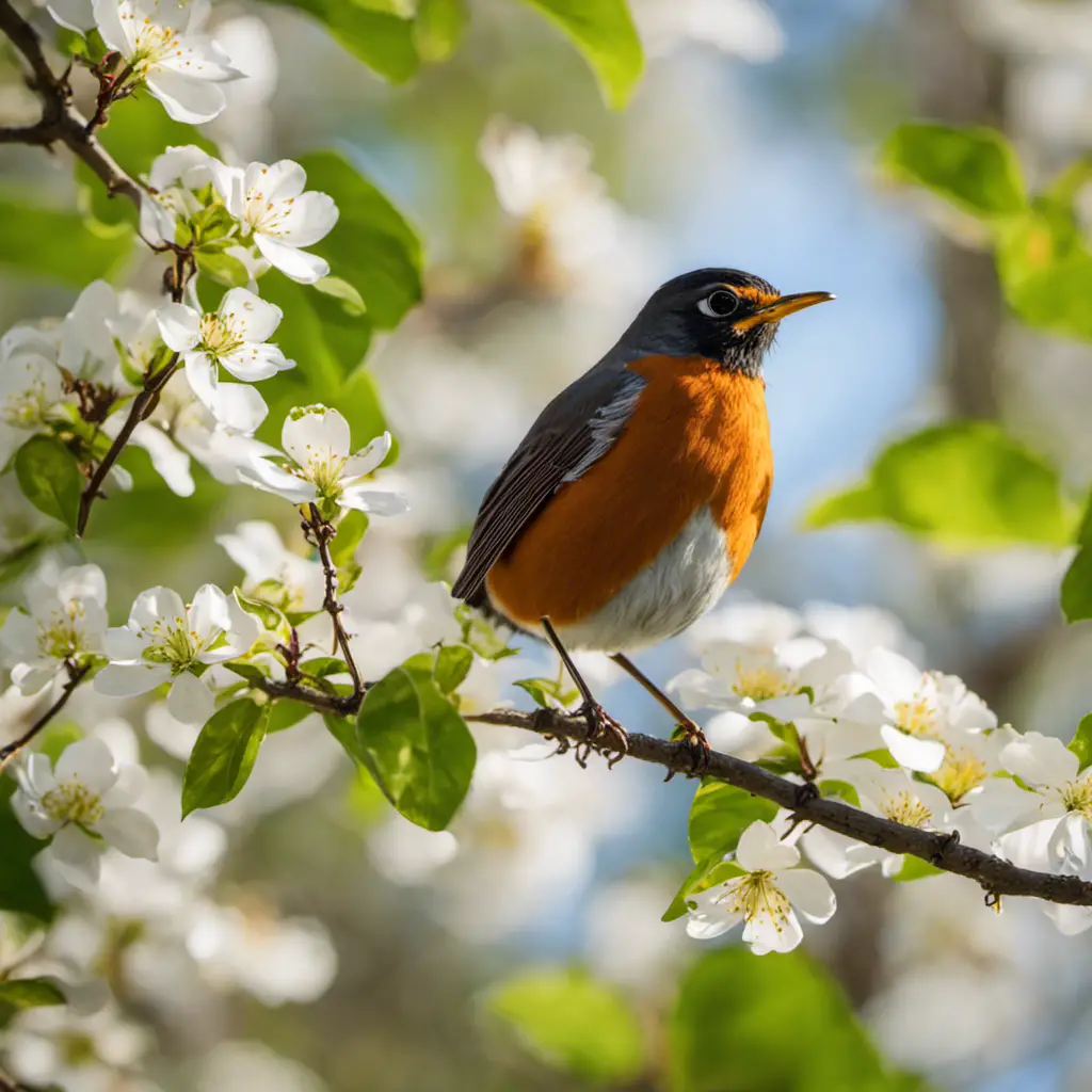 An image capturing the vibrant hues of an American Robin perched on a blossoming dogwood branch against the backdrop of a lush Virginia forest, showcasing the bird's iconic red breast and distinct white eye ring
