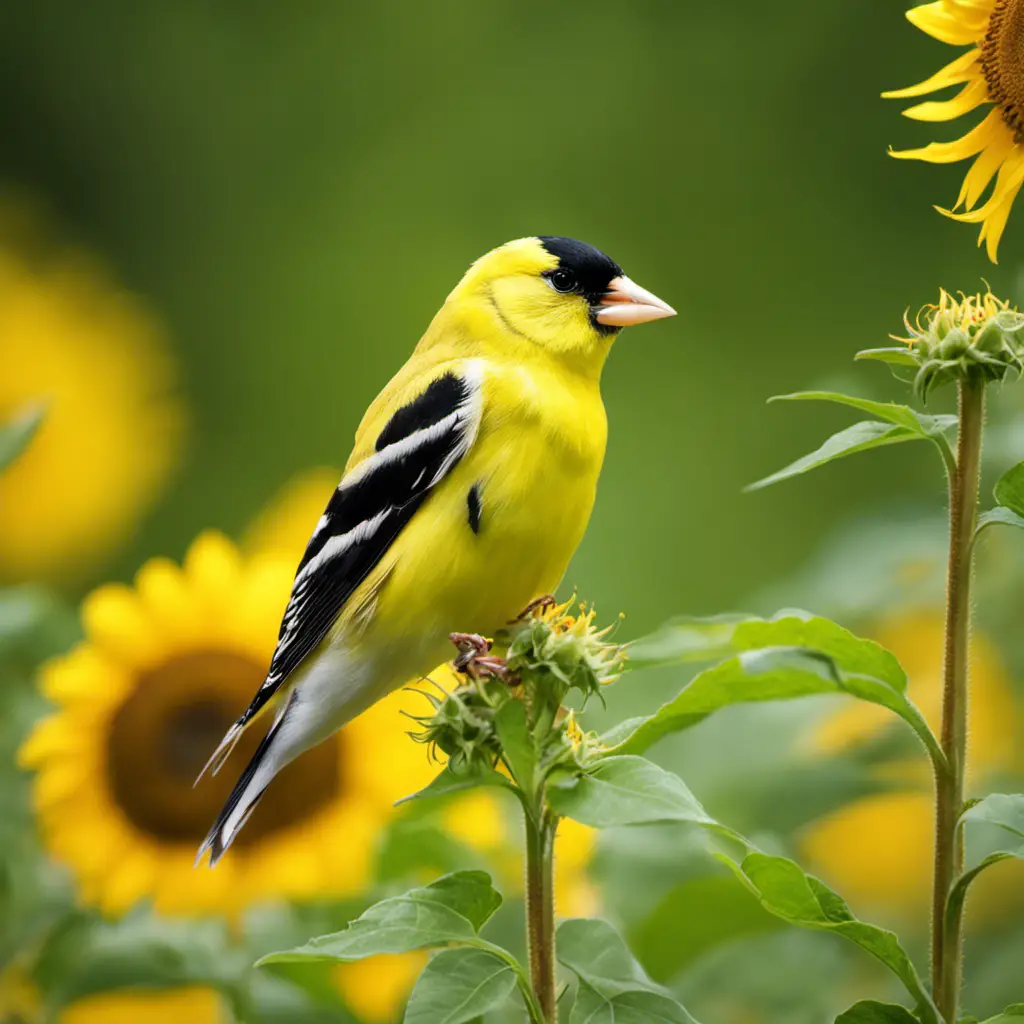 An image capturing the vibrant beauty of the American Goldfinch, showcasing its lemon-yellow plumage contrasting against lush greenery, as it perches delicately on a swaying sunflower, epitomizing the spirit of Virginia's feathered wonders