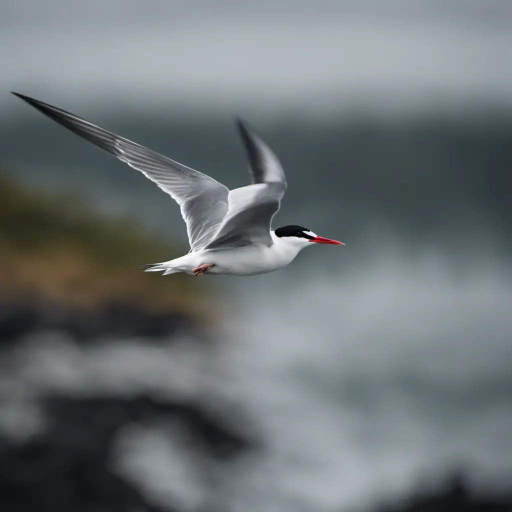 An image of a Common Tern gliding gracefully above a pristine coastal landscape