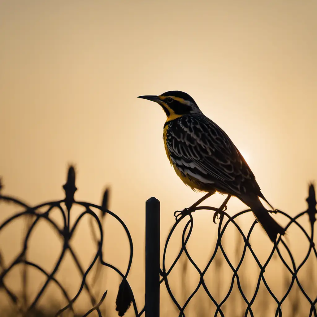 An image capturing the captivating silhouette of an Eastern Meadowlark perched on a sun-drenched fence, its sleek black feathers contrasting against the pale background, while its melodious call fills the air