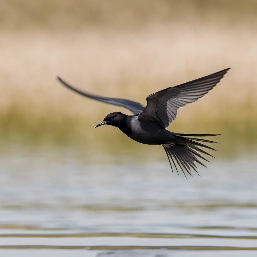 An image capturing the elegant flight of a Black Tern, with its sleek black plumage contrasting against a pristine white background, showcasing the bird's distinctive forked tail and slender wingspan