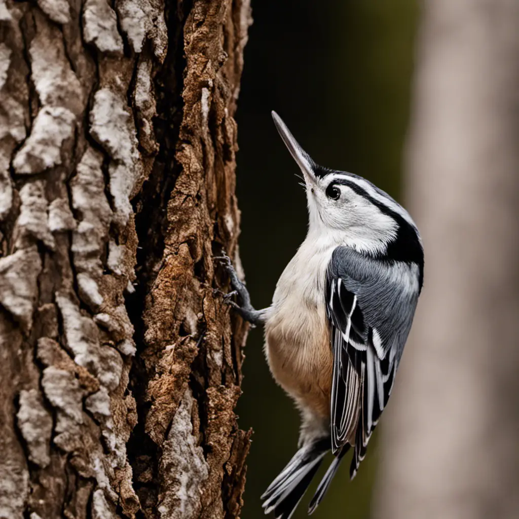 An image capturing the elegance of a White-breasted Nuthatch as it gracefully clings to a tree trunk, showcasing its distinctive black and white plumage