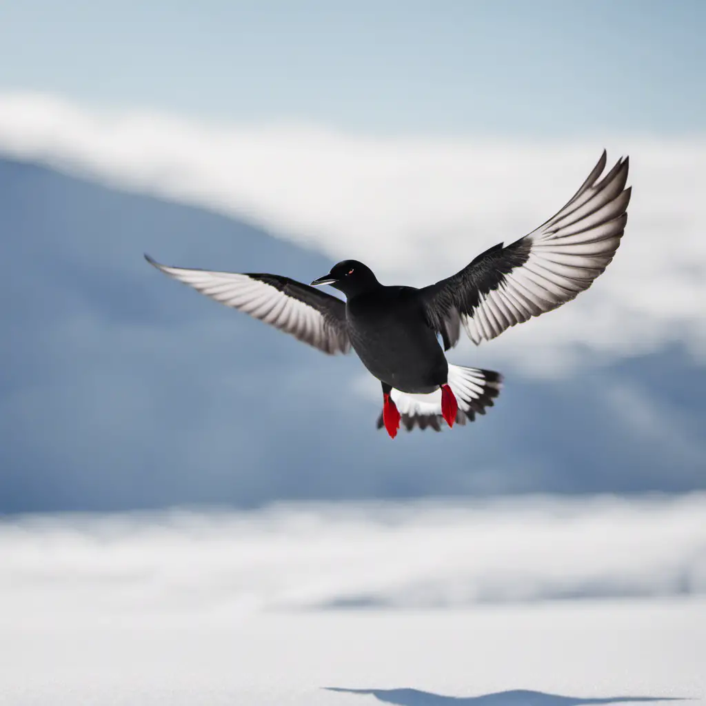An image capturing the ethereal beauty of a Black Guillemot in flight, its sleek black feathers contrasting against the pristine white snow-covered landscape, evoking a sense of grace and mystery