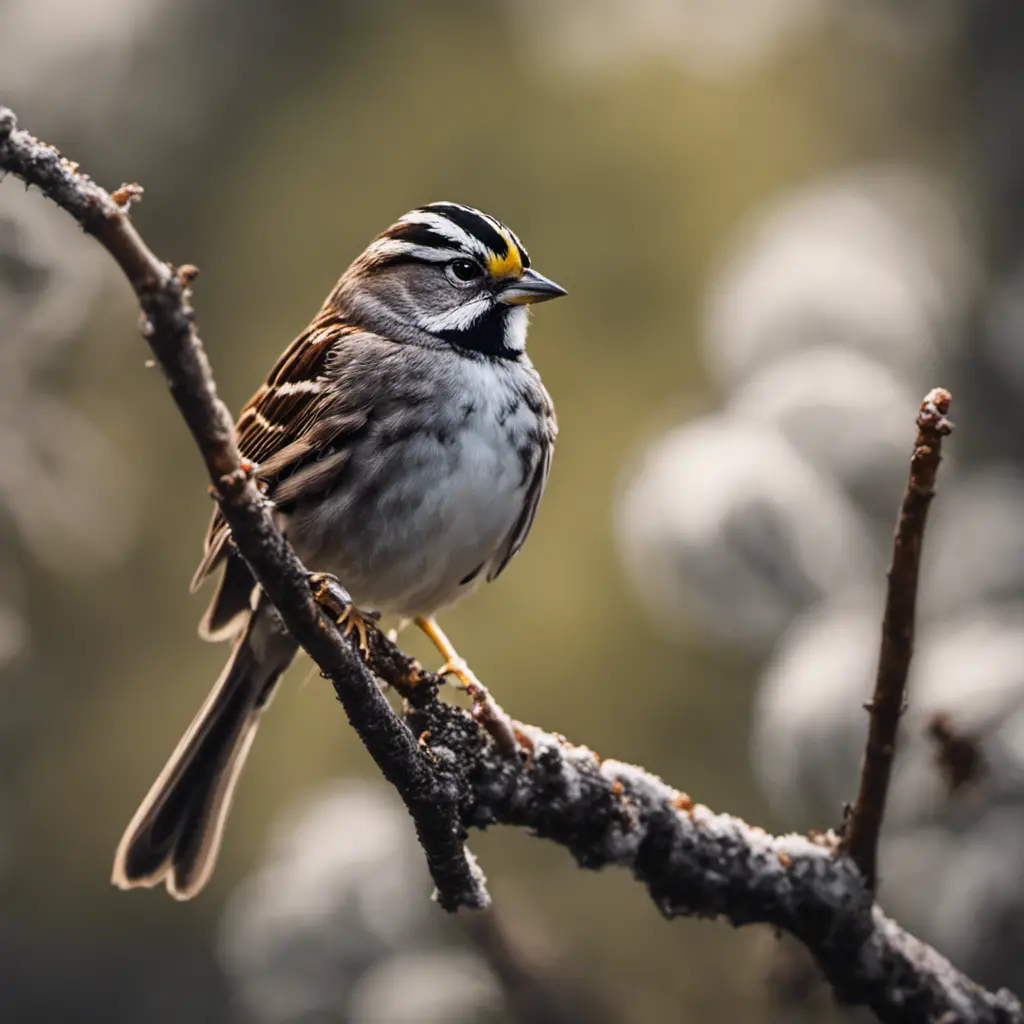 An image capturing the ethereal beauty of a White-throated Sparrow perched on a branch, showcasing its striking black and white plumage