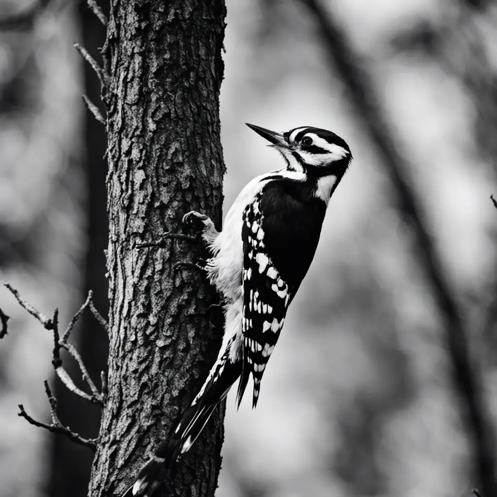 An image capturing the majestic beauty of a Hairy Woodpecker in a black and white palette
