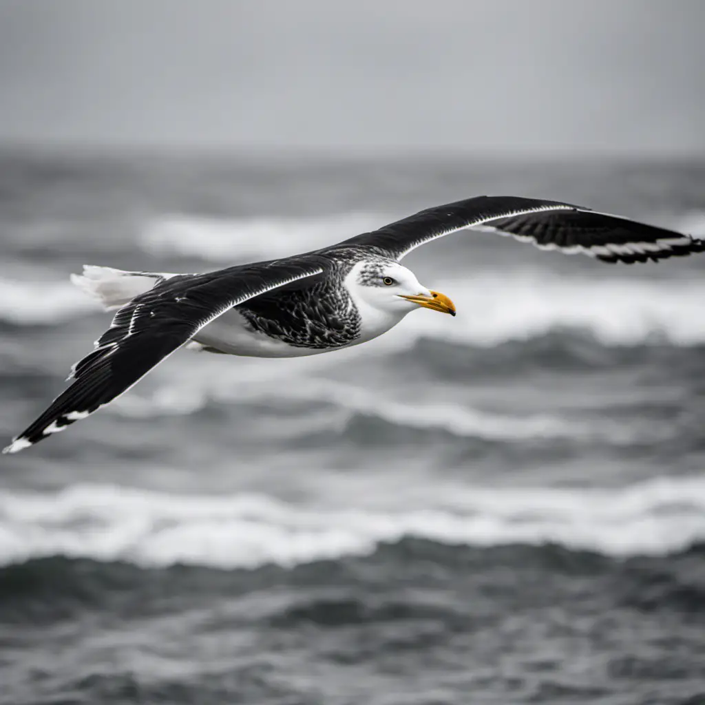 An image depicting a majestic Great Black-backed Gull soaring above choppy, monochromatic waves