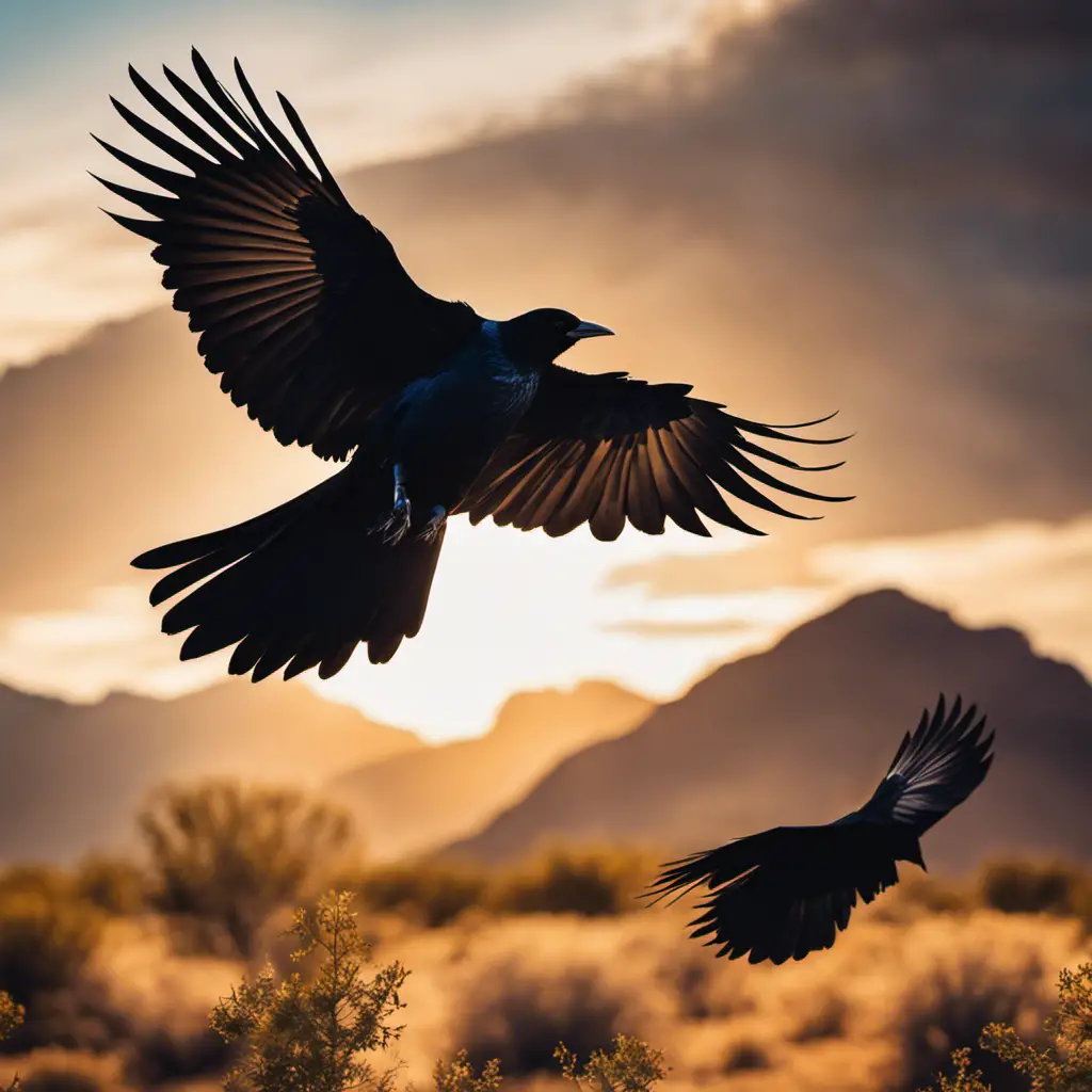 An image revealing the mesmerizing spectacle of a group of glossy black crows soaring above a breathtaking Arizona desert landscape, their sleek feathers glistening under the vibrant rays of the golden sun