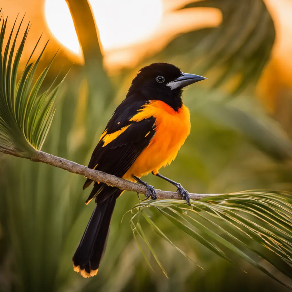An image capturing a vibrant Hooded Oriole perched on a swaying palm frond against a backdrop of the golden Florida sunset, showcasing its glossy black feathers, striking bright orange hood, and delicate beak
