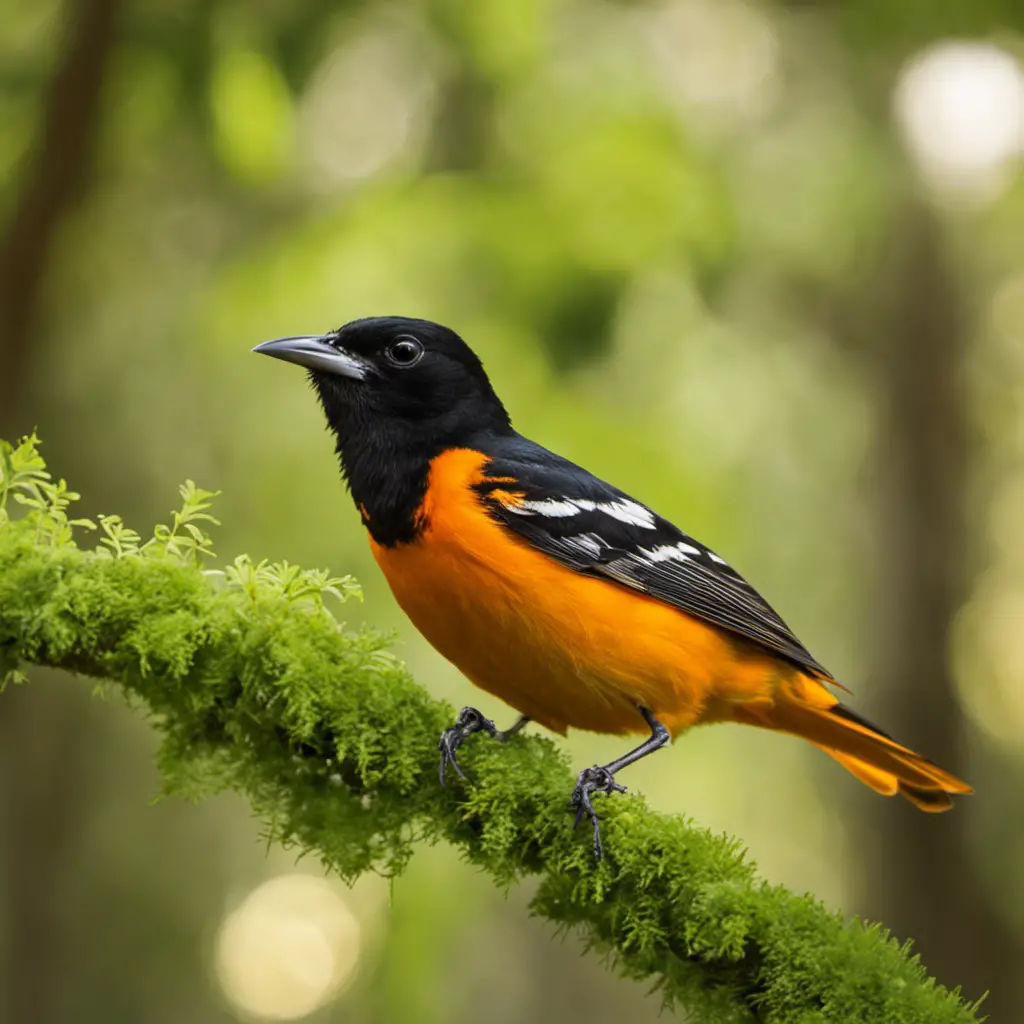 An image capturing the vibrant plumage of the Baltimore Oriole, perched on a leafy branch against the backdrop of lush, moss-covered oak trees in a Florida wetland