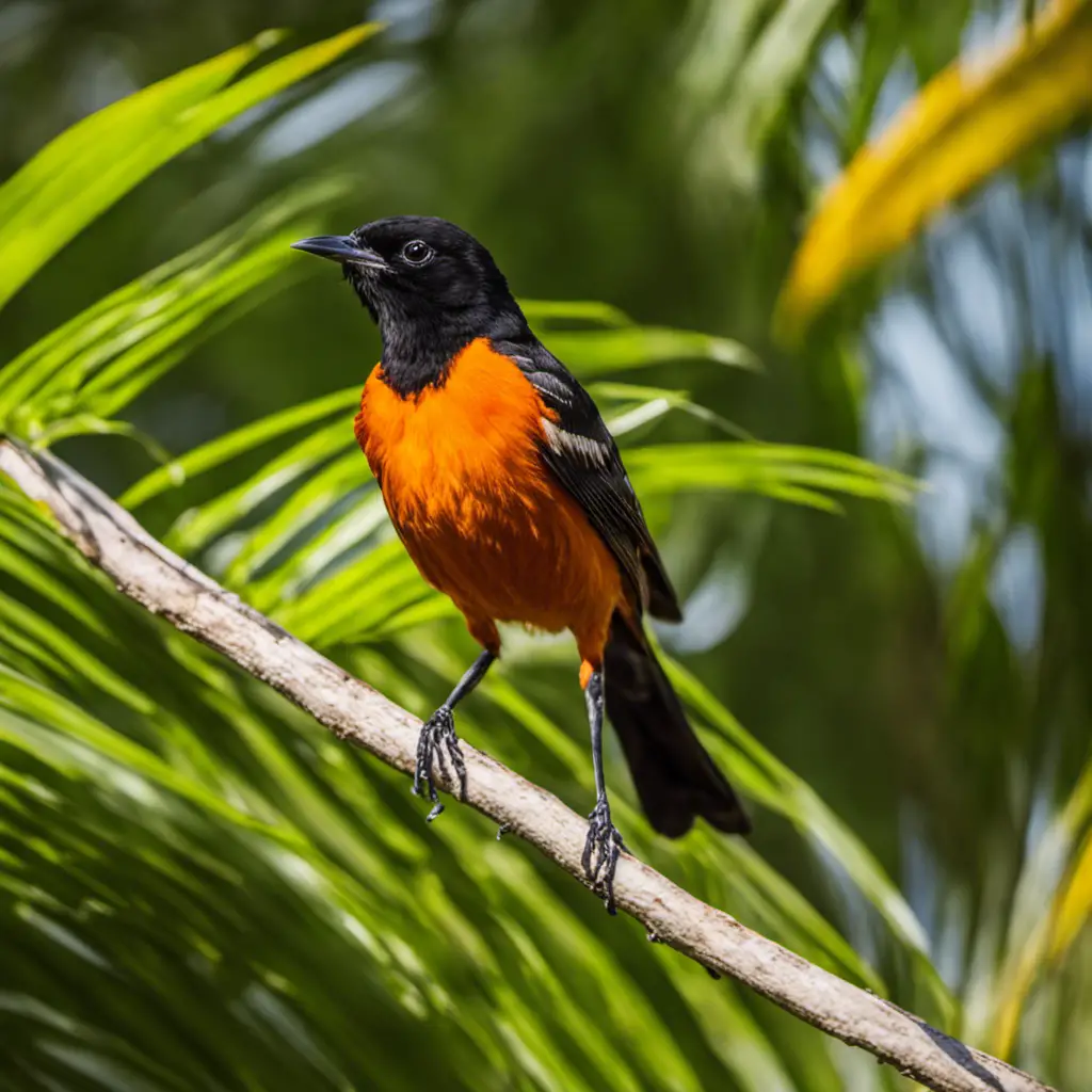  the vibrant beauty of Florida's black birds with a close-up shot of a male Orchard Oriole perched on a swaying palm frond, its fiery orange plumage contrasting against the lush green foliage