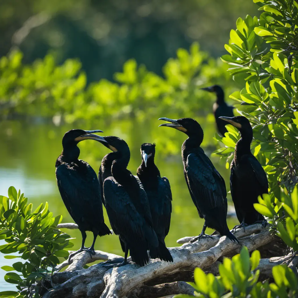 An image capturing the captivating sight of a flock of glossy black cormorants perched on the vibrant green branches of mangroves, their feathers glistening under the Florida sun, against a backdrop of serene blue waters