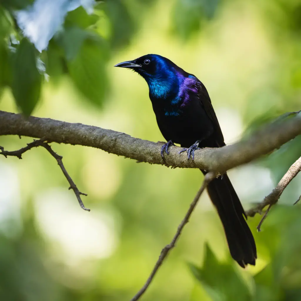 An image capturing the iridescent beauty of a Common Grackle perched on a tree branch, its glossy black feathers shimmering in the sunlight against a backdrop of vibrant green foliage