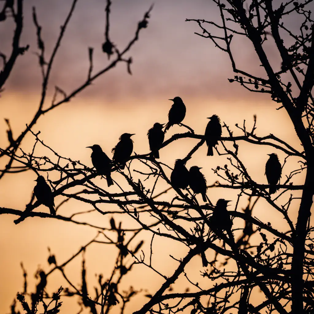 An image showcasing a flock of iridescent European Starlings, their glossy black feathers shimmering in the sunlight, as they gracefully perch on tree branches in an Illinois landscape