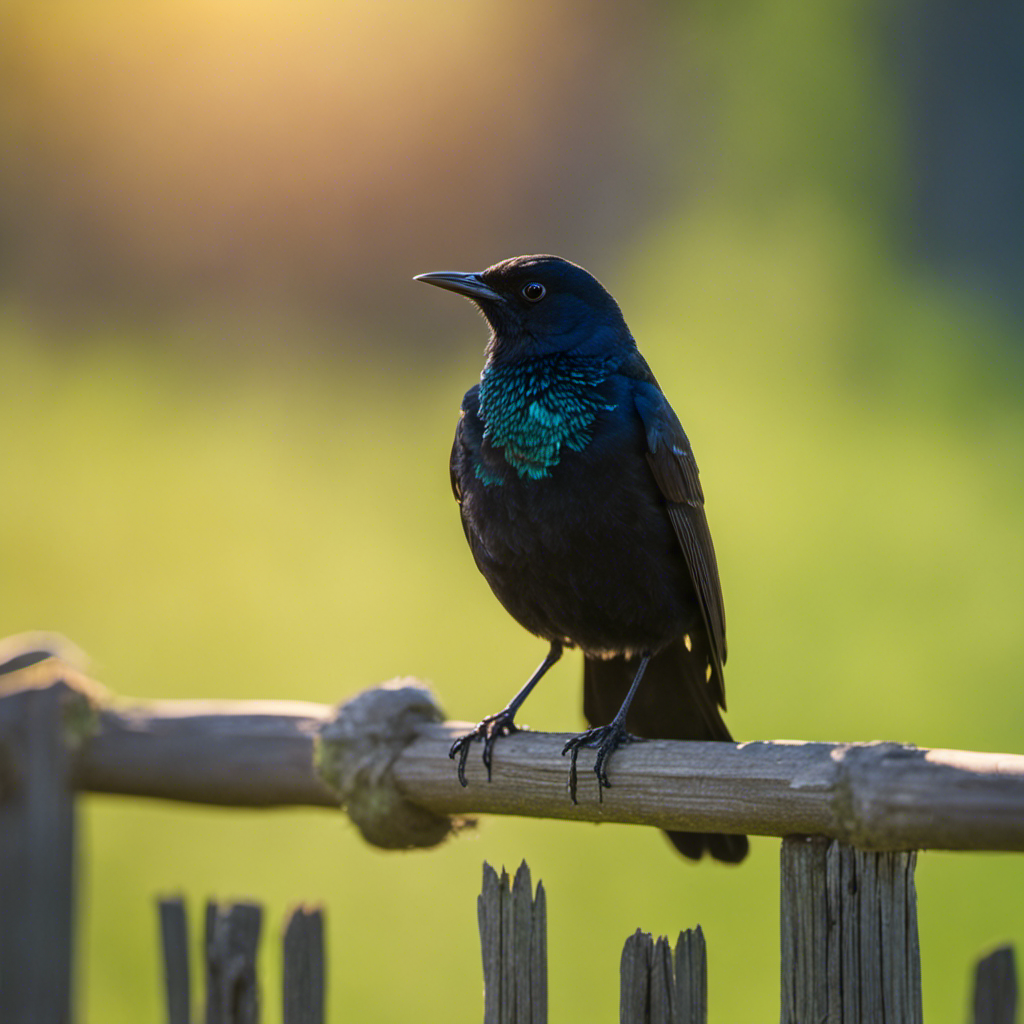 An image capturing the striking beauty of a Brewer's Blackbird perched atop a weathered wooden fence, its iridescent black feathers shimmering in the sunlight against a backdrop of lush green Illinois fields