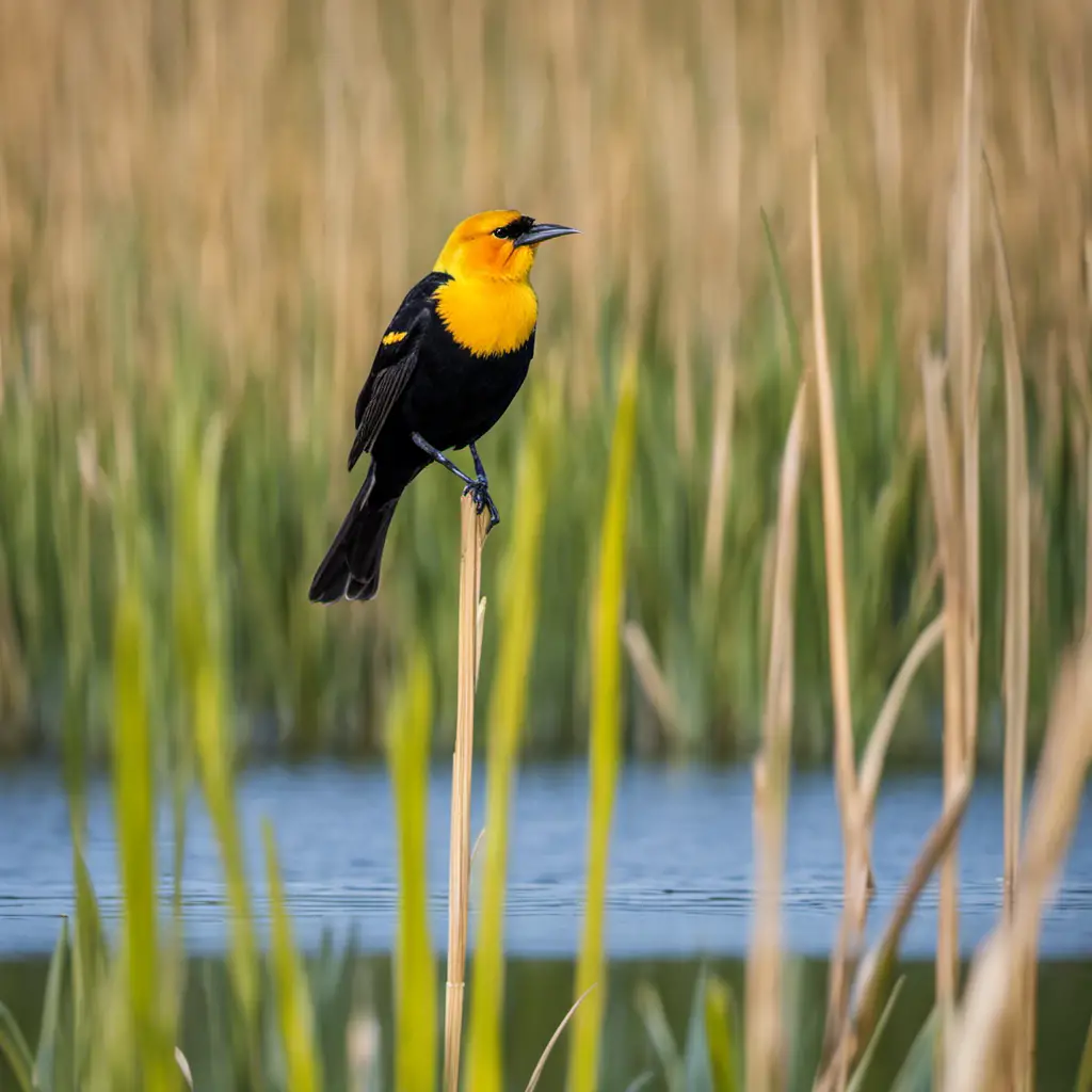 An image capturing the vivid contrast of a male Yellow-headed Blackbird perched on a swaying cattail amidst the vast marshes of Illinois