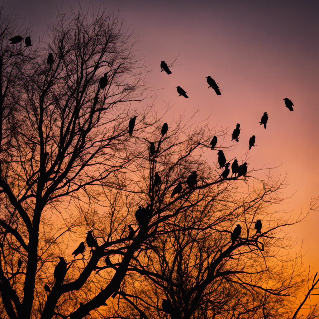 An image capturing the eerie allure of Illinois' black birds: silhouettes of crows perched on leafless branches against a twilight sky, their glossy feathers shimmering like obsidian in the fading light