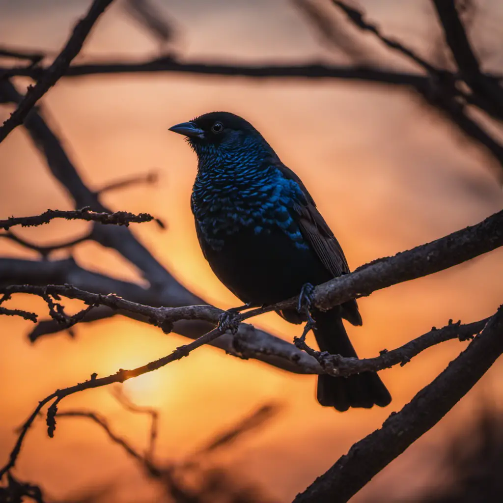 An image depicting the striking contrast of a shiny cowbird perched on a branch against a vivid Illinois sunset, showcasing its iridescent plumage glistening like onyx, capturing the enigmatic allure of these black birds