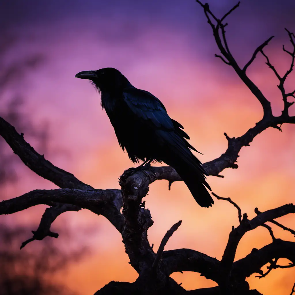 An image capturing the majestic silhouette of a Common Raven perched atop a gnarled oak tree, its glossy black feathers glistening under the Illinois sun against a dramatic sky ablaze with hues of orange and purple