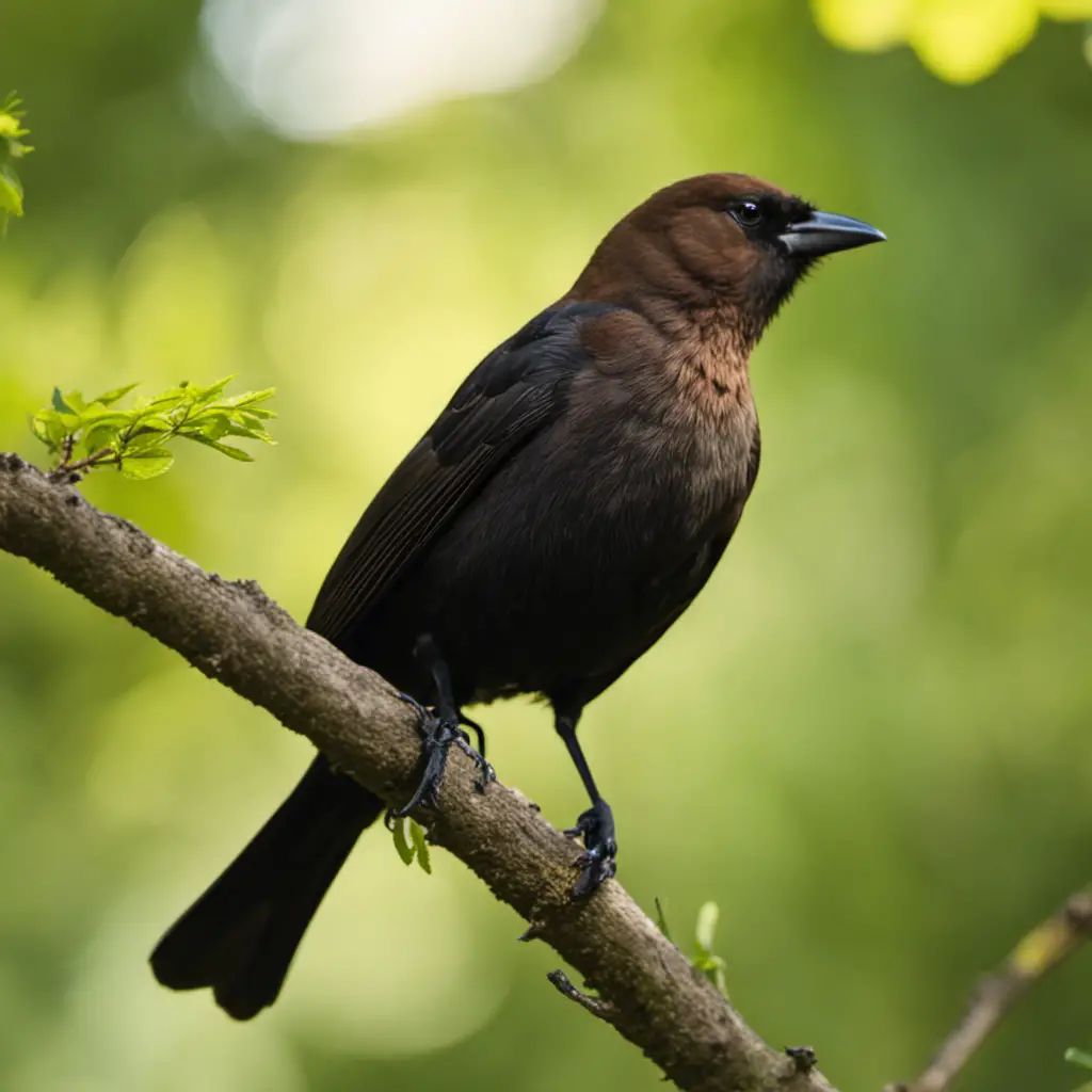 An image capturing the stealthy elegance of a male Brown-headed Cowbird perched on a sunlit branch amidst the lush green foliage of an Illinois forest, displaying its glossy black plumage and striking chestnut-brown head