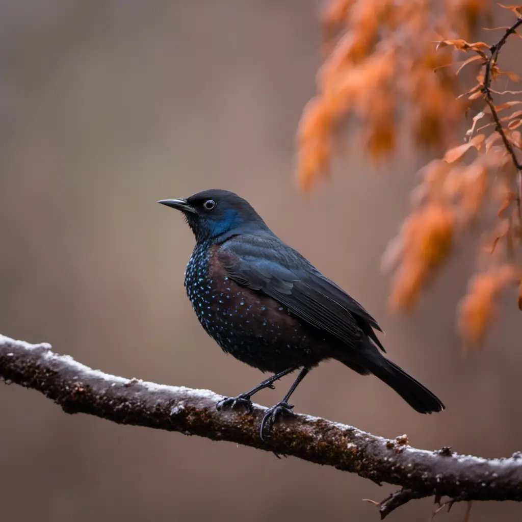 An image capturing the enigmatic beauty of a Rusty Blackbird perched on a soggy branch in an Illinois wetland, its iridescent black feathers contrasting with hints of rusty brown, amidst a backdrop of lush vegetation