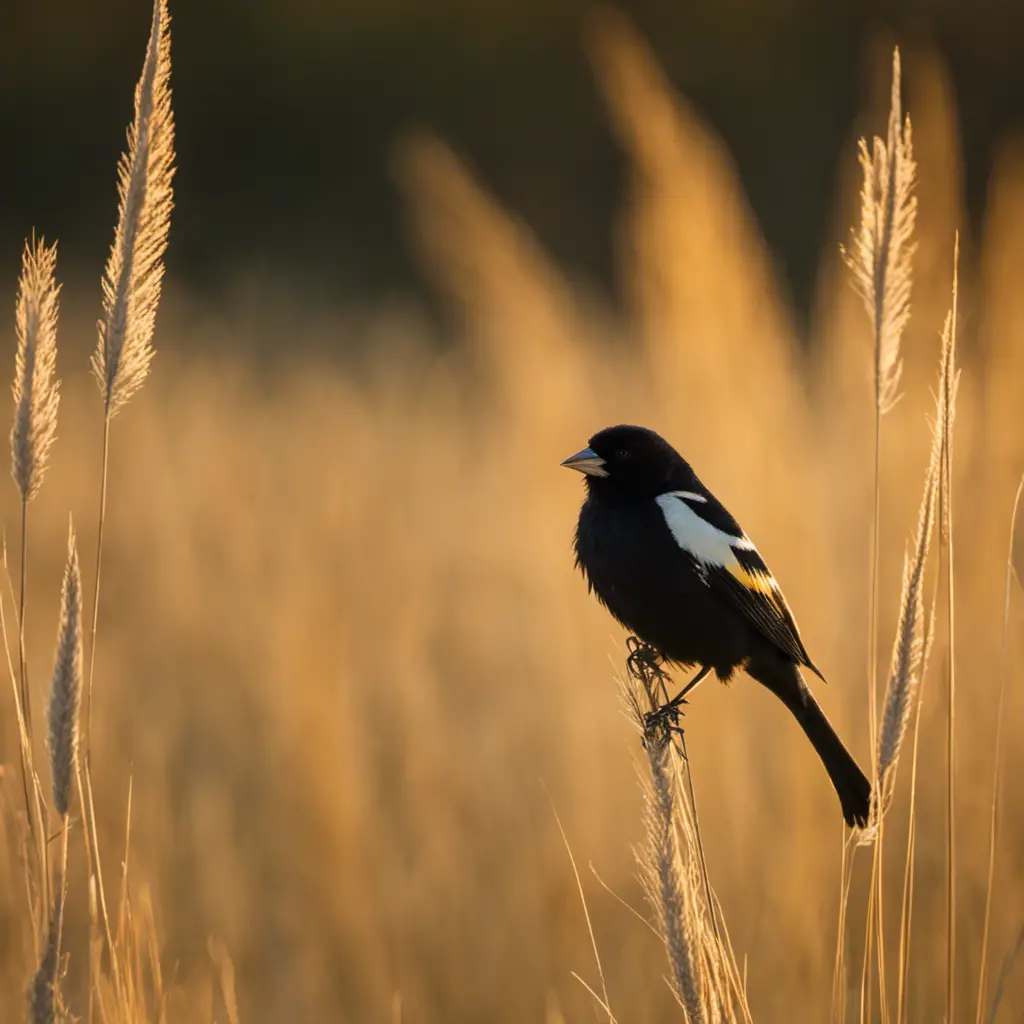 An image showcasing the striking plumage of a male Bobolink perched gracefully on a swaying stalk of prairie grass, its black and white feathers contrasting against the golden hues of the Illinois sunset