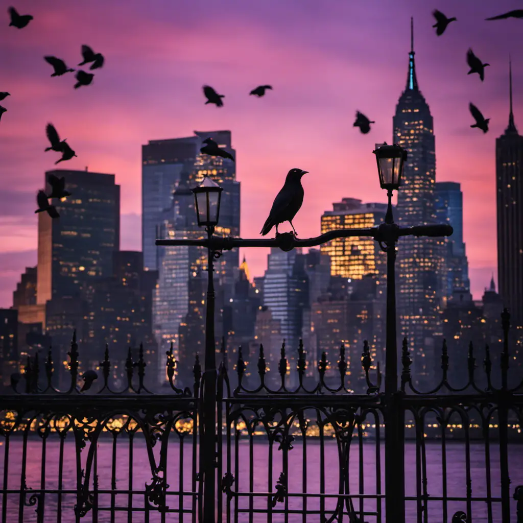 An image capturing the vibrant essence of Black Birds In New York: A flock of sleek, ebony-feathered avians gracefully perched on intricate wrought-iron lampposts against the backdrop of towering skyscrapers and a dusky, purple-hued sky