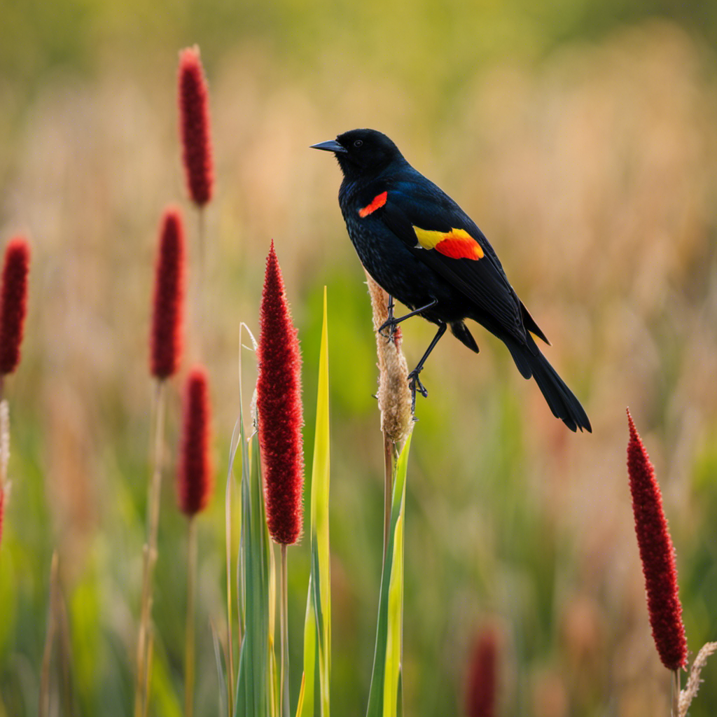 An image capturing the vibrant essence of a male Red-winged Blackbird perched atop a cattail, its striking scarlet and yellow epaulets gleaming against the contrasting deep black plumage, amidst the lush Pennsylvania wetlands