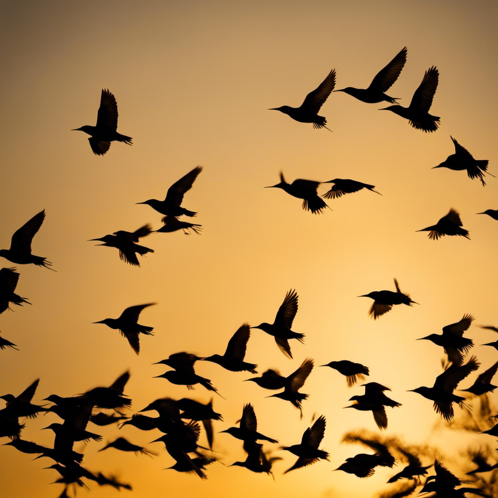 An image capturing the mesmerizing sight of a flock of European Starlings, their sleek black feathers glimmering under the golden evening sun as they gracefully swoop and dive through the open skies of Pennsylvania