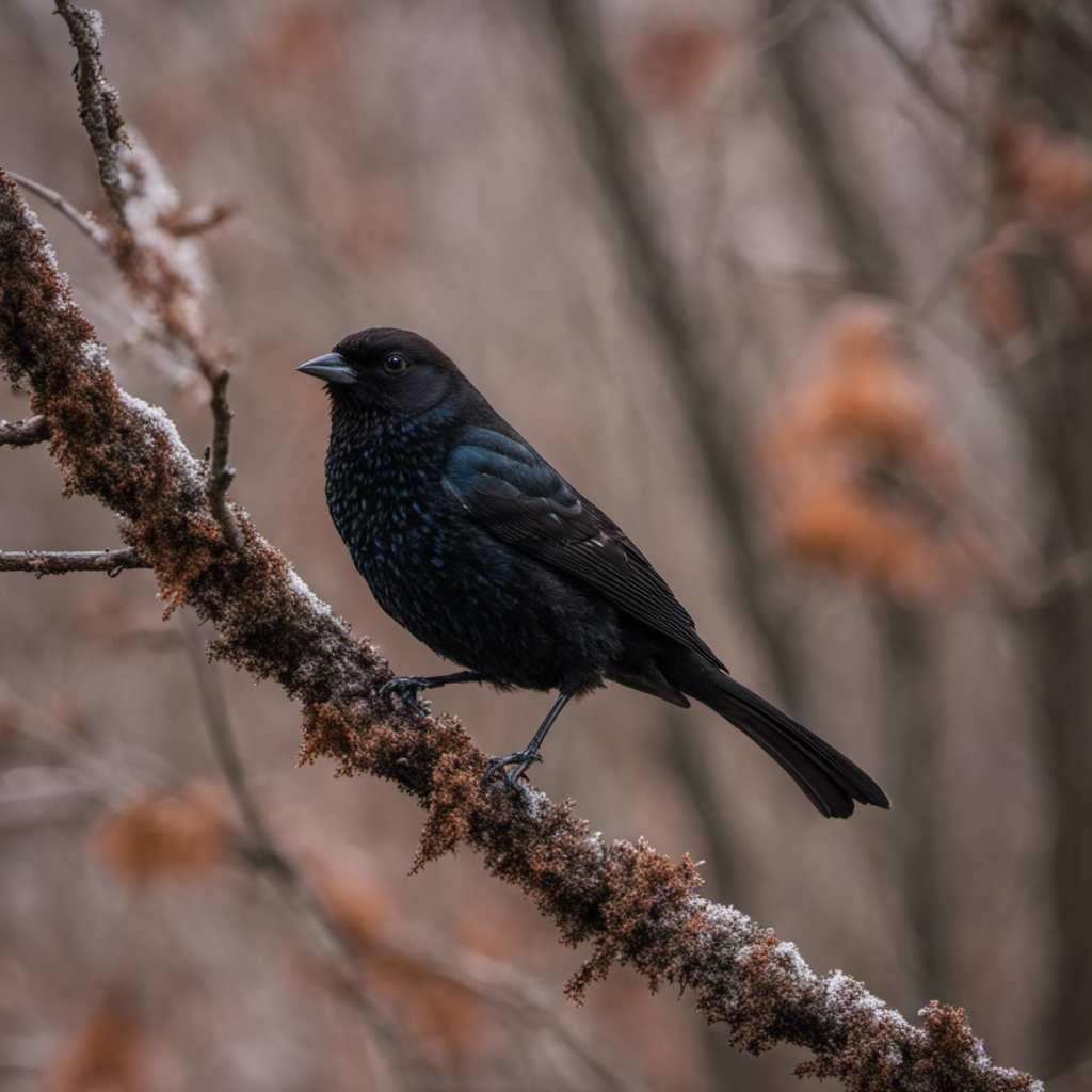 An image capturing the enchanting presence of a male Brown-headed Cowbird perched on a leafless branch amidst a dense Pennsylvania forest, its glossy black feathers and distinctive brown head contrasting beautifully against the wintry backdrop