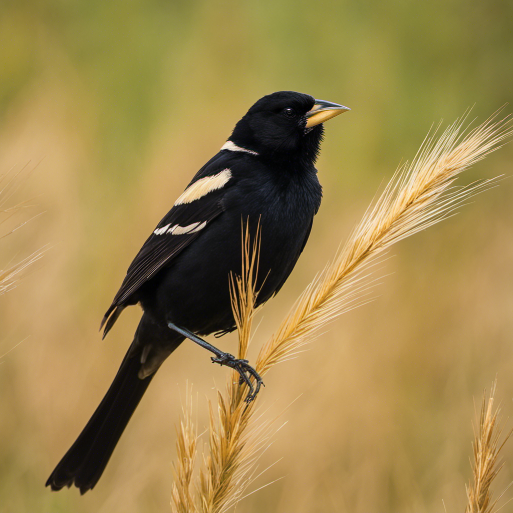 An image capturing the vibrant scene of a male Bobolink perched atop a swaying stalk of golden grass in a Pennsylvania meadow, its black plumage contrasting beautifully with the surrounding greenery